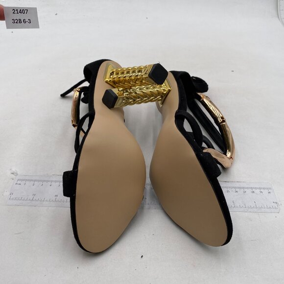 FSJ Gold S Gold Metal Chain Chunky High Heels Ankle Strap Sandals Open Toe Shoes - Picture 7 of 8